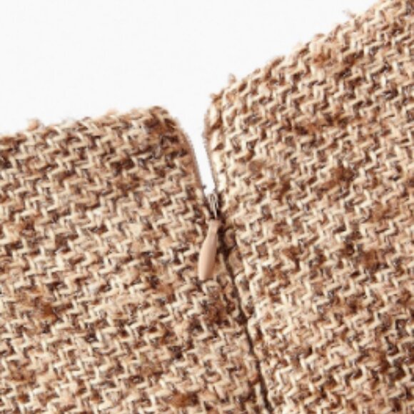 Khaki Elegant Women's Premium Tweed Contrast Faux Fur Mini Dress - Picture 9 of 10